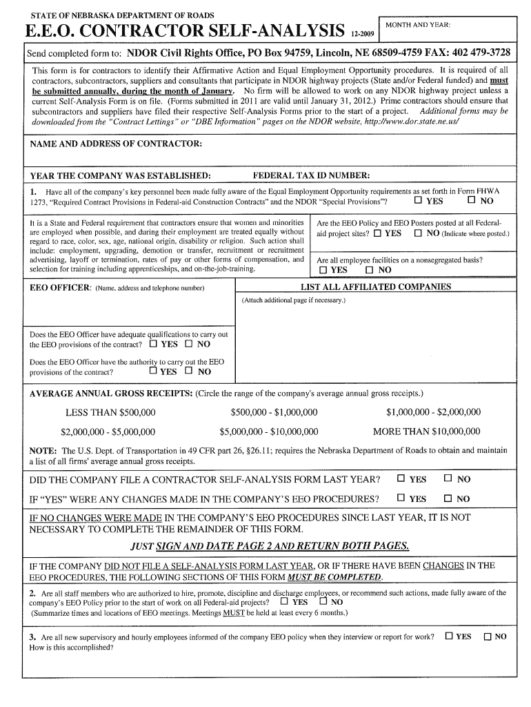 E Eio CoNTRAcToR SELF ANALYSIS T &#39;*&#39;* &#39; Transportation Nebraska  Form