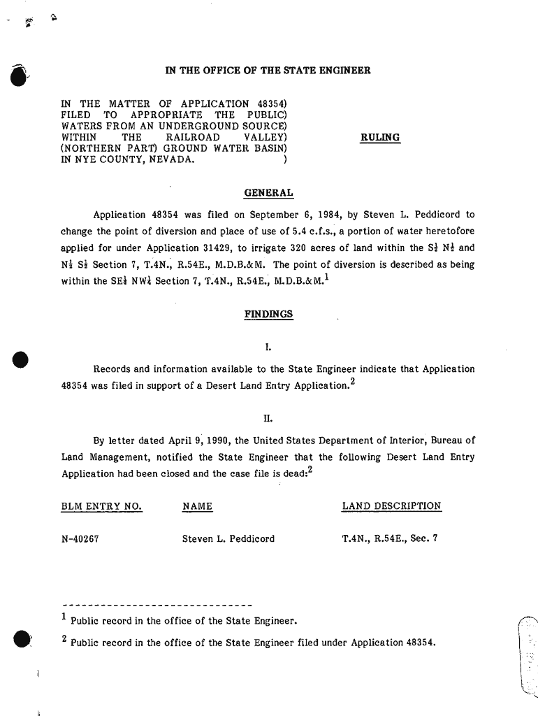 In the OFFICE of the STATE ENGINEER in the MATTER of APPLICATION 48354 FILED to APPROPRIATE the PUBLIC WATERS from an UNDERGRO  Form