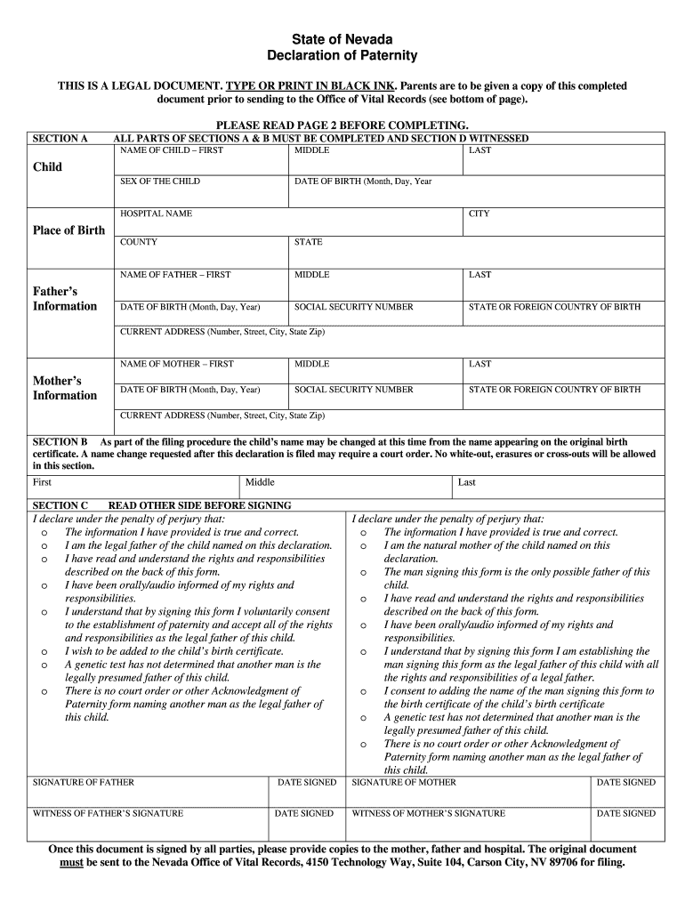 Declaration of Paternity  Form