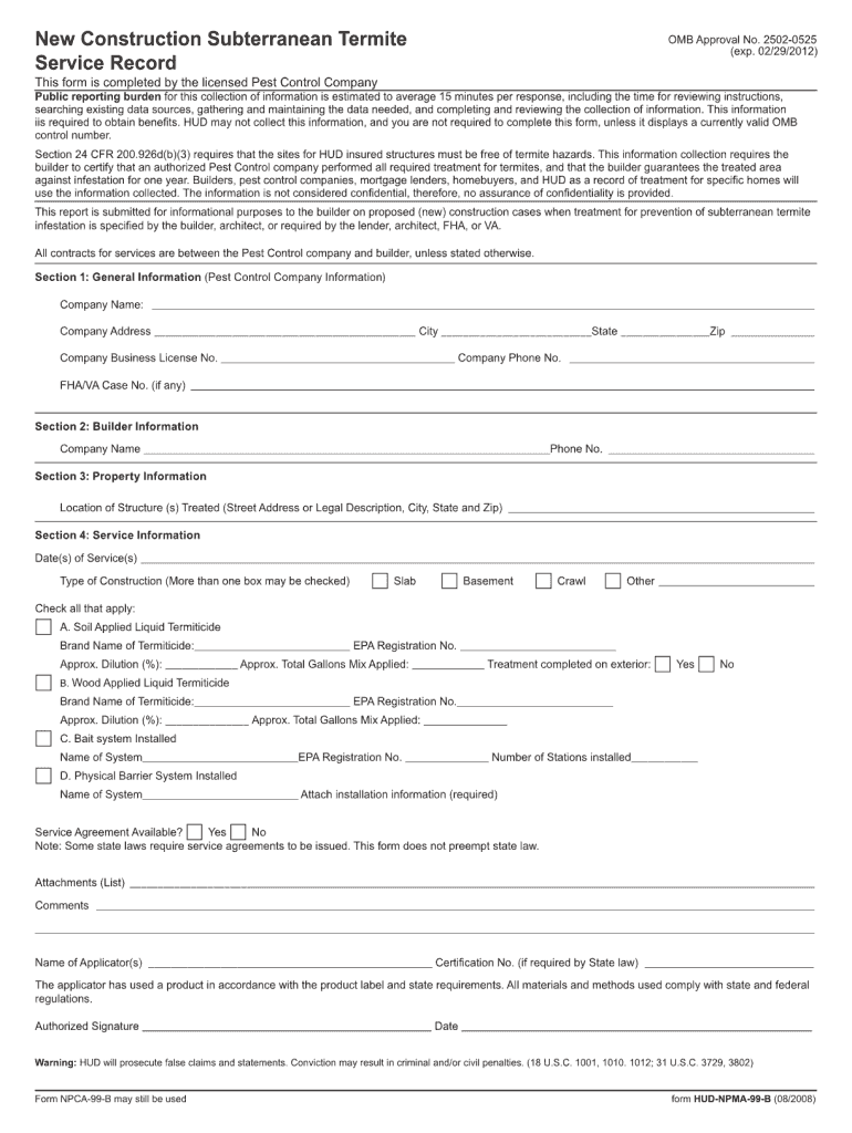 New Construction Subterranean Termite Service Record  Form