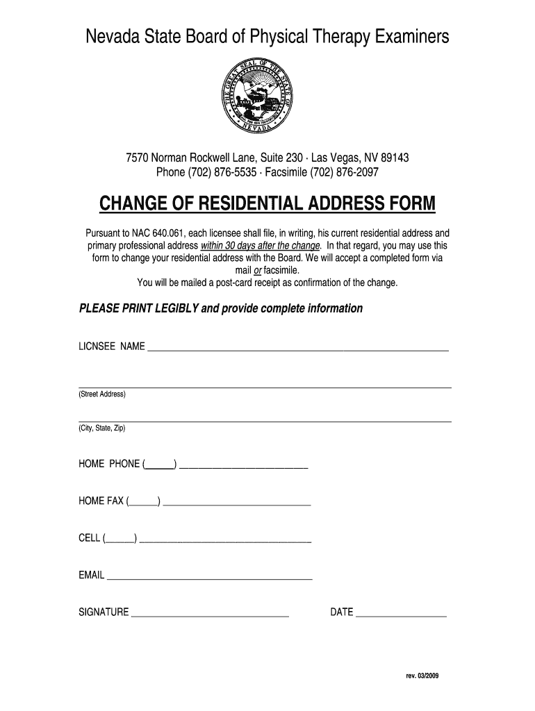 Nevada Board of Physical Therapists Change of Address Form