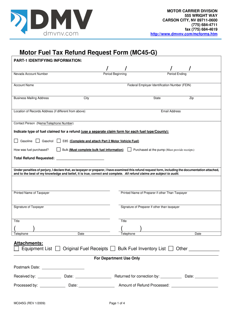  MC045G  Gas Tax Refund Request  Nevada Department of Motor    Dmv Nv 2009