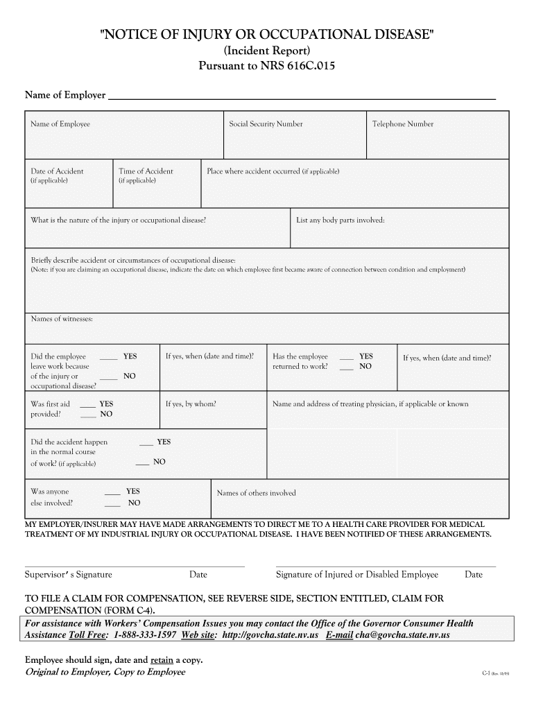 'NOTICE of INJURY or OCCUPATIONAL DISEASE'  Naiw Nv  Form