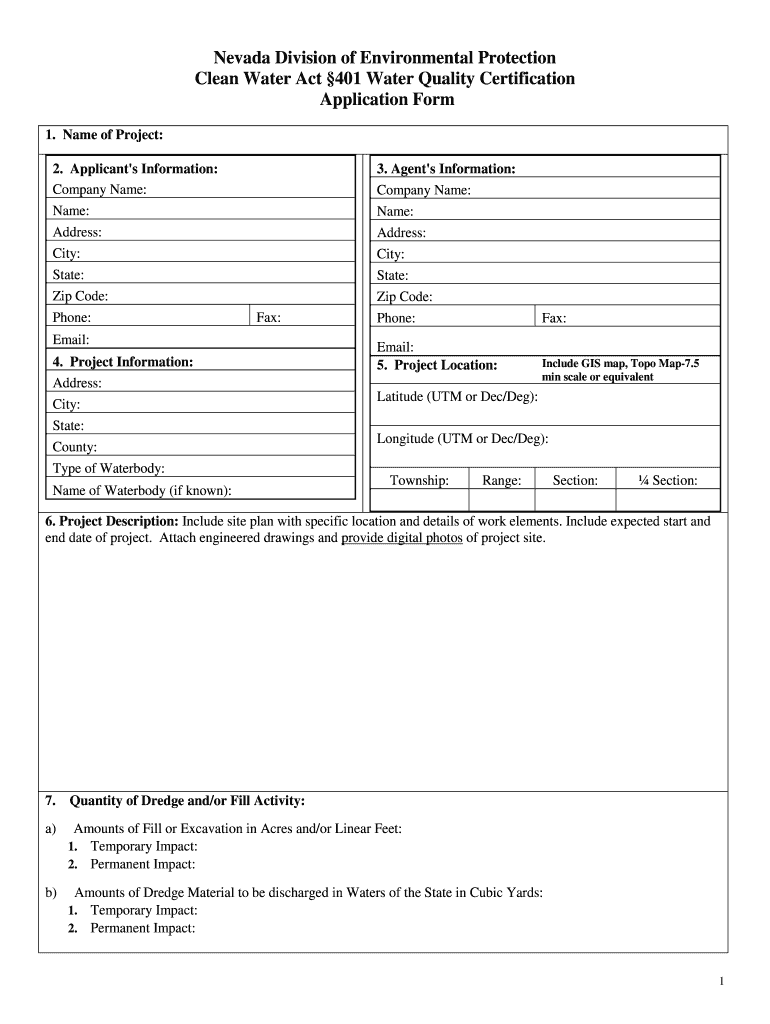 NEVADA DIVISION of ENVIRONMENTAL PROTECTION CLEAN WATER ACT 401 WATER QUALITY CERTIFICATION APPLICATION FORM 1  Ndep Nv