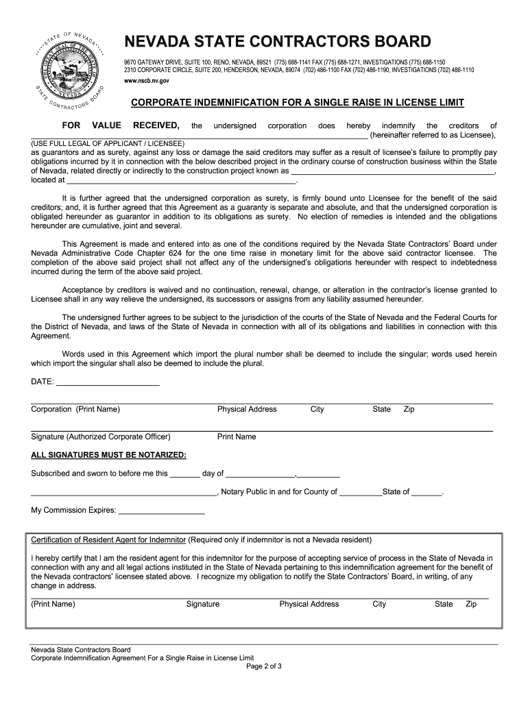  Nevada State Contractors Board Corporate Indemnification Agreement Form 2012