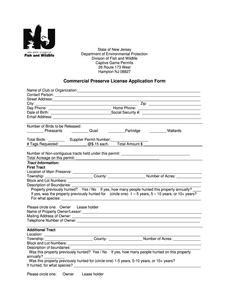 Commercial Preserve Permit Application Form  State of New Jersey  Nj