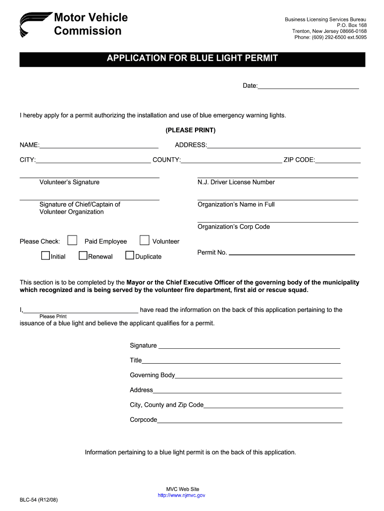 Nj Blue Light Permit Form