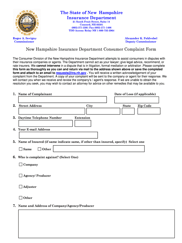 New Hampshire Insurance Department Consumer Complaint Form    Nh