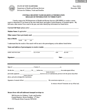  New Hampshire Central Registry Name Search Form 2008