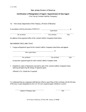L 121 Certification of Resignation of Agent Appointment of New Nj  Form