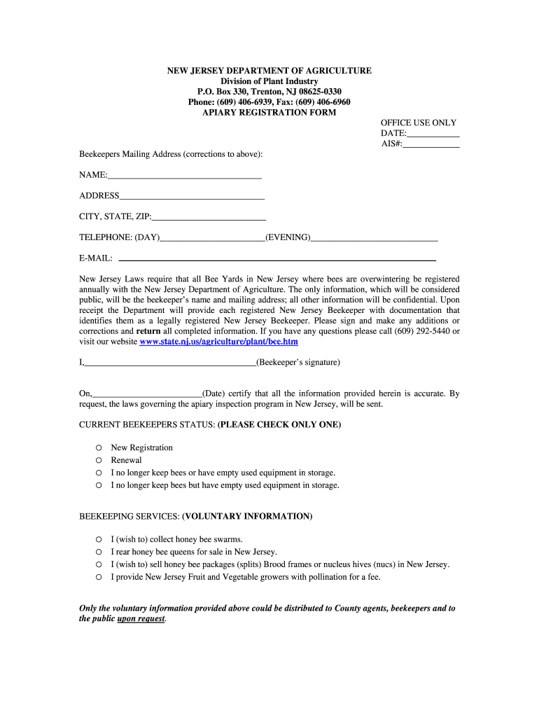 New Jersey Apiry Registration Form
