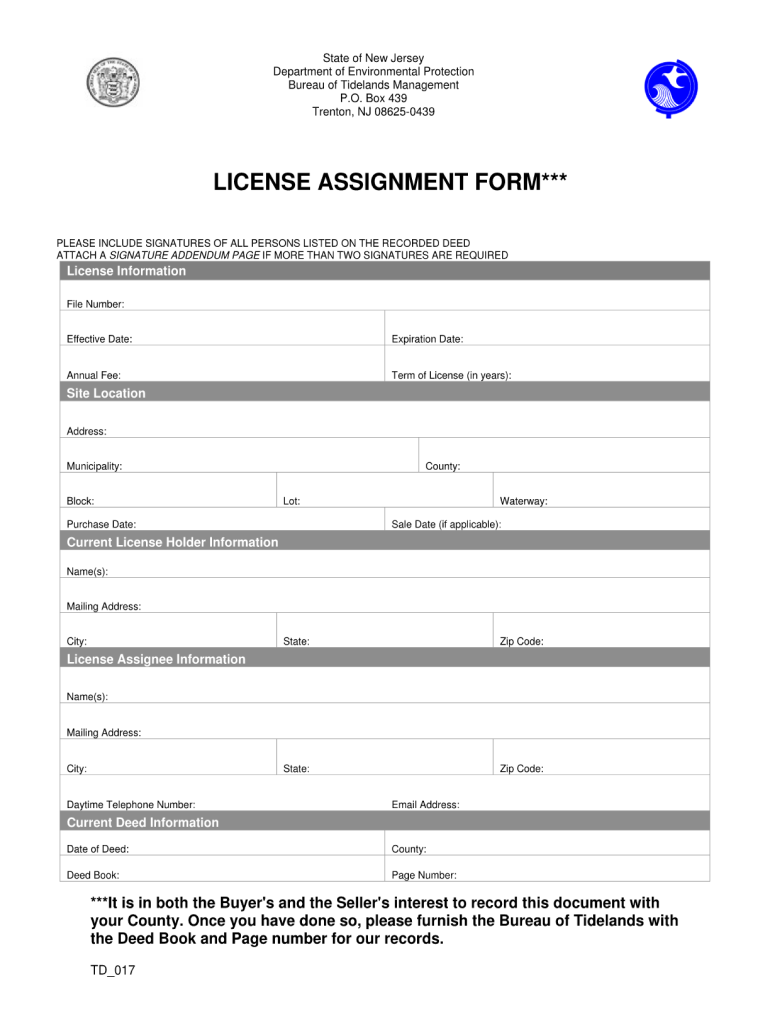 New Jersey Assignment of Tidelands License Form