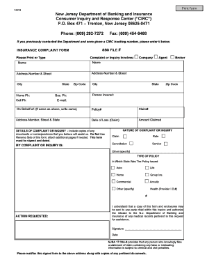 Nj Dept of Banking and Insurance Complaint Form
