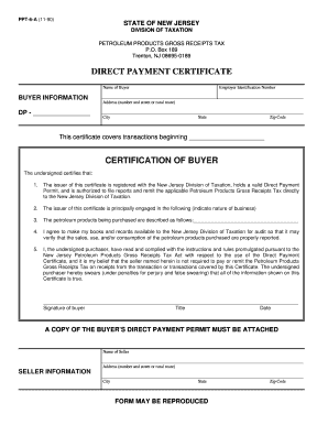 New Jersey PPT Direct Payment Certificate  Form