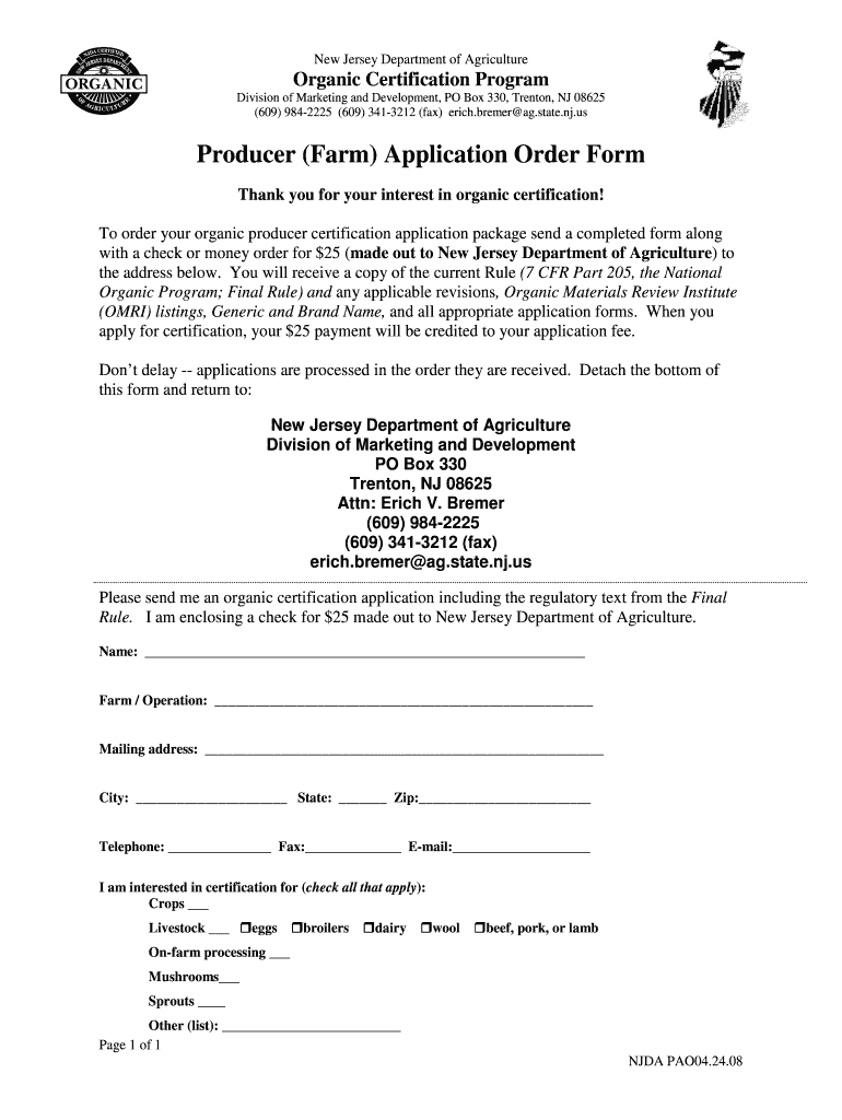 Producer Farm Application Order Form  Nj