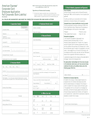 American Express Corporate Card Employee Application Full  Form