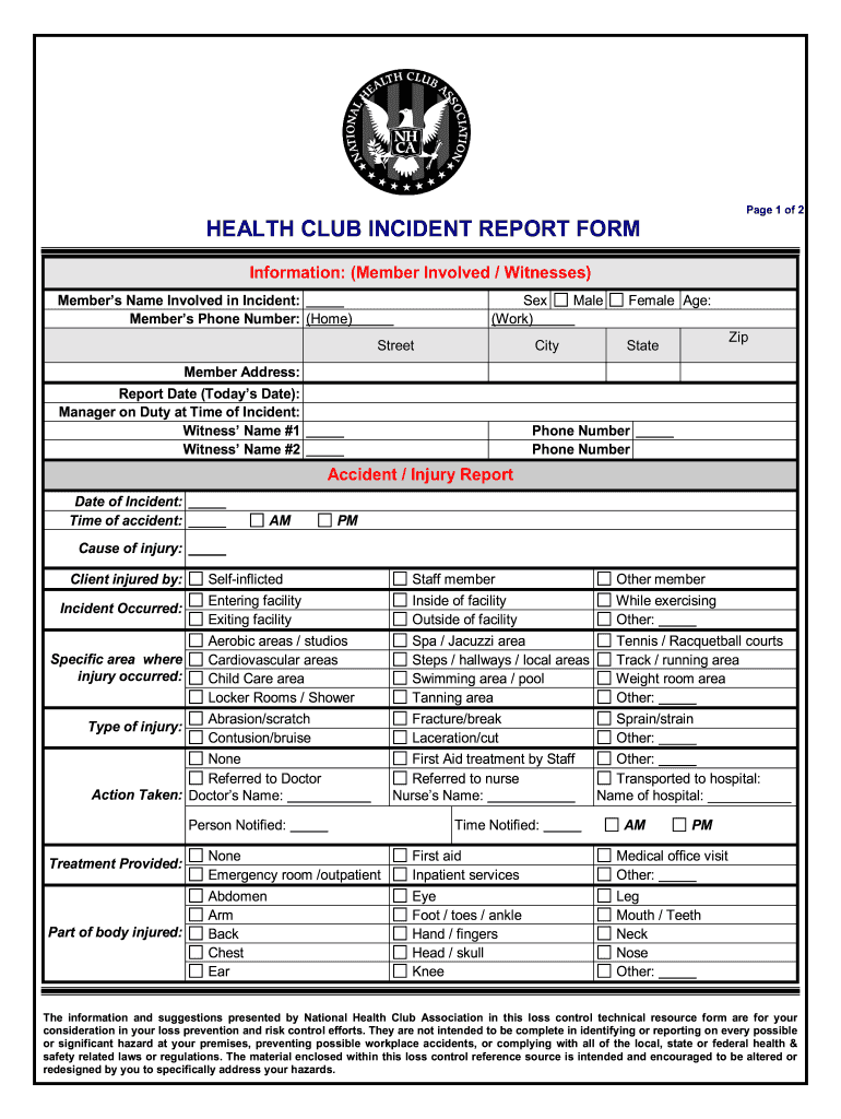 Gym Incident Report Template  Form