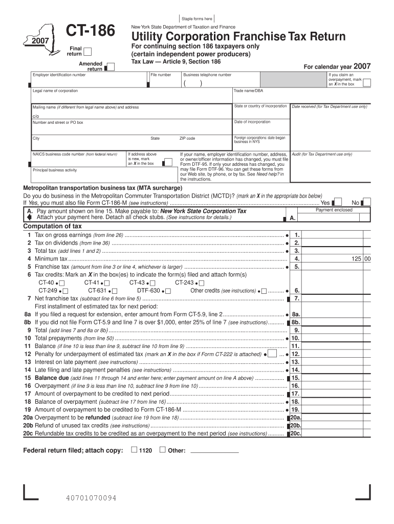 Form CT 186 Utilty Corporation Franchise Tax Return CT186 Tax Ny