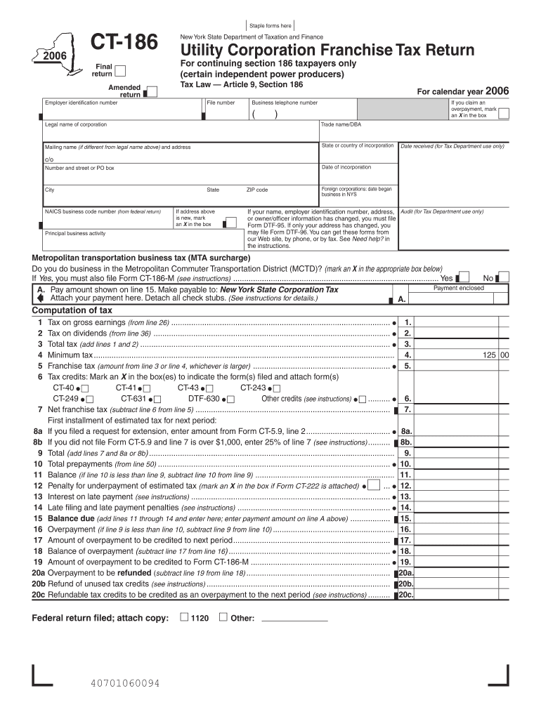 CT 186 Stapleformshere NewYorkStateDepartmentofTaxationandFinance Final Return Amended Return Employeridentificationnumber Utili