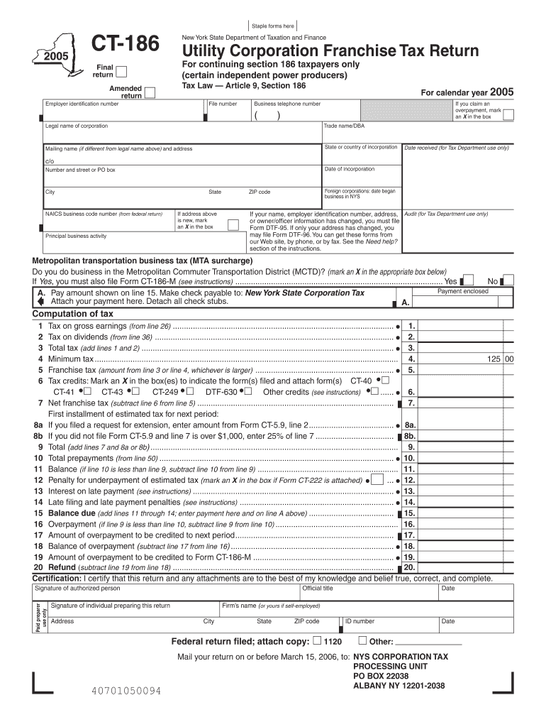 Form CT 186 Utilty Corporation Franchise Tax Return for Tax Ny