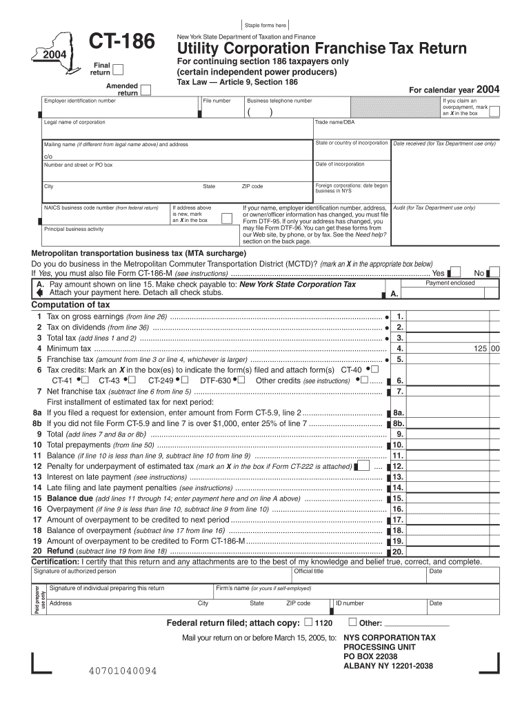 Form CT 186 , Utility Corporation Franchise Tax Return, CT186 Tax Ny