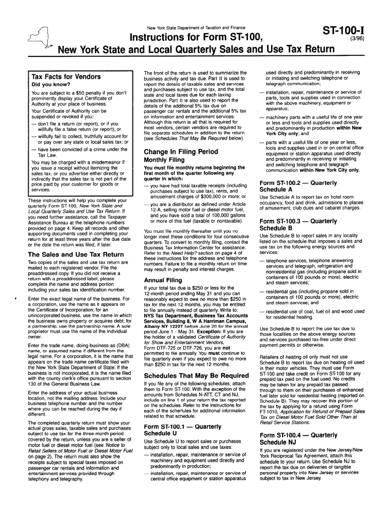 Form ST 100 I March , Instructions for Form ST 100, ST100  Tax Ny