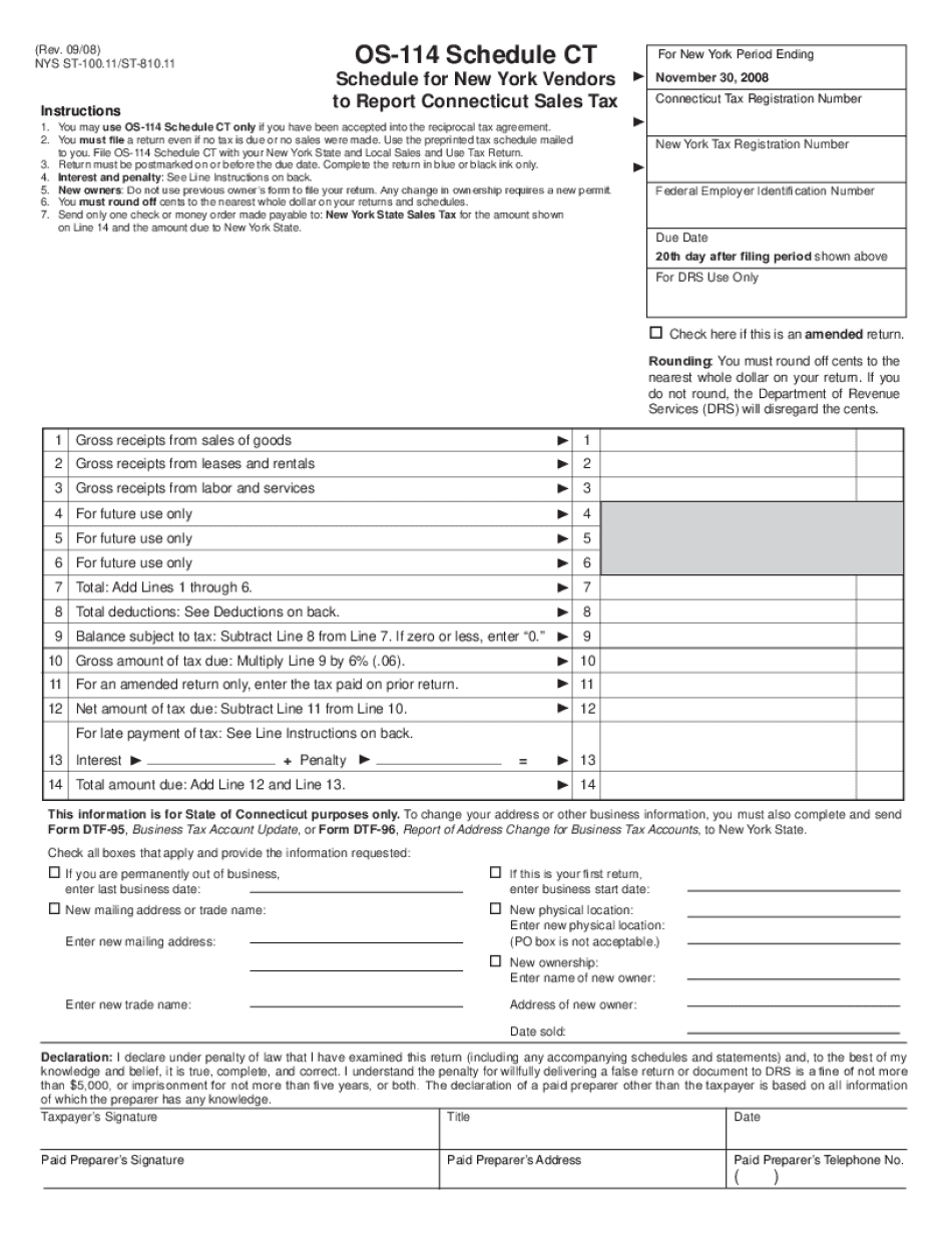  Form ST 810 11908 OS 114 Schedule CT Schedule for New York 2008-2024