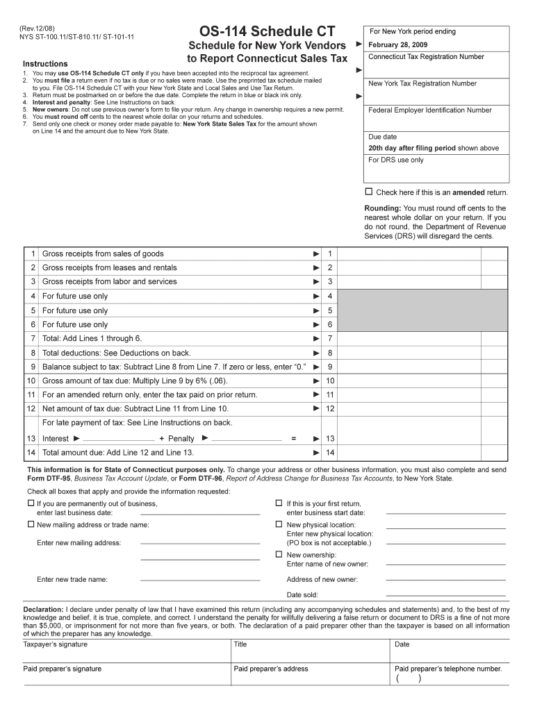 Form ST 810 111208 OS 114 Schedule CT Schedule for New York    Tax Ny