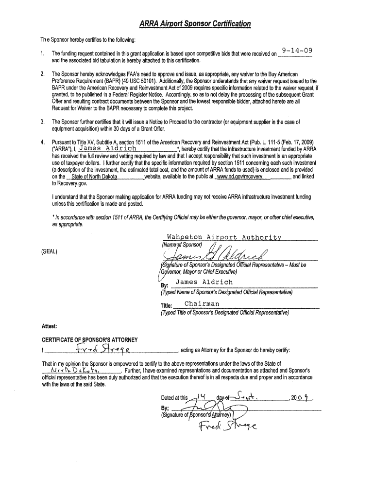 ARRA Airport Sponsor Certification Dot Nd  Form