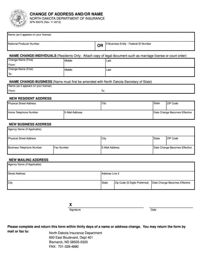 Change of AddressName SFN 50072  State of North Dakota  Nd  Form