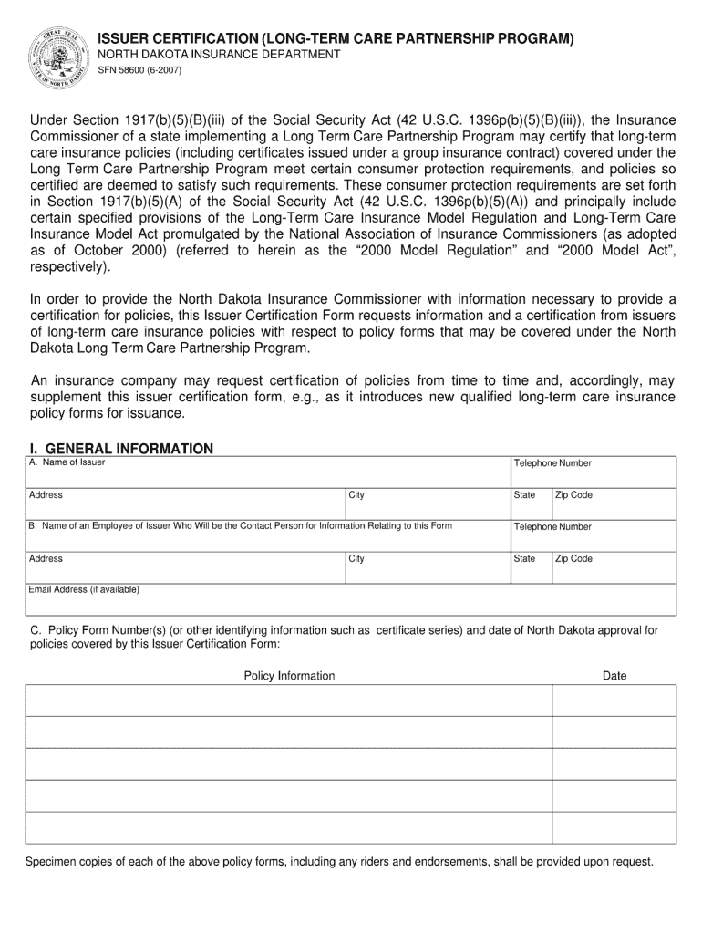 North Dakota Long Term Care Partnership Issuer Certification Form