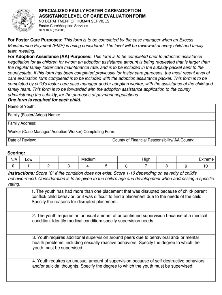 SPECIALIZED FAMILY FOSTER CAREADOPTION ASSISTANCE LEVEL of CARE EVALUATION FORM Nd