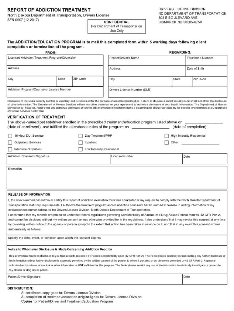  09997 Addiction Treatment Rpt North Dakota Department of Dot Nd 2017