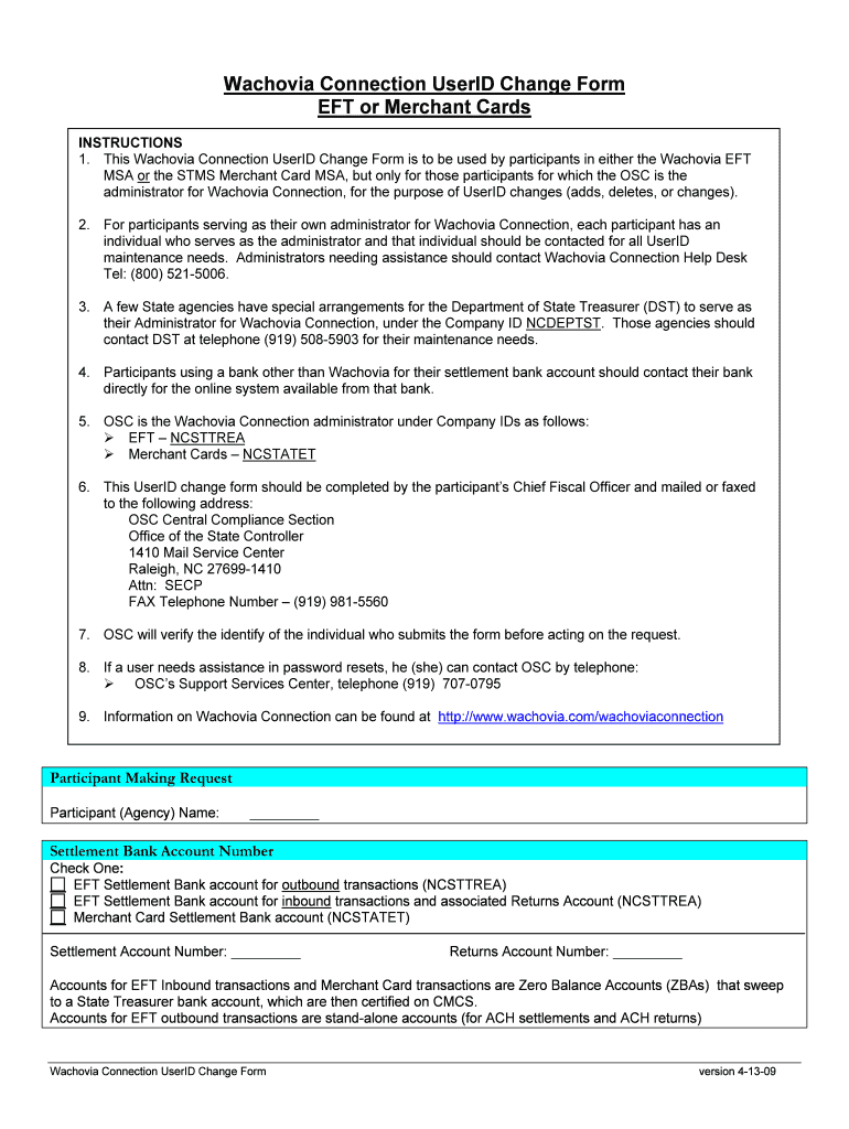 Wachovia Connection Userid Change Form