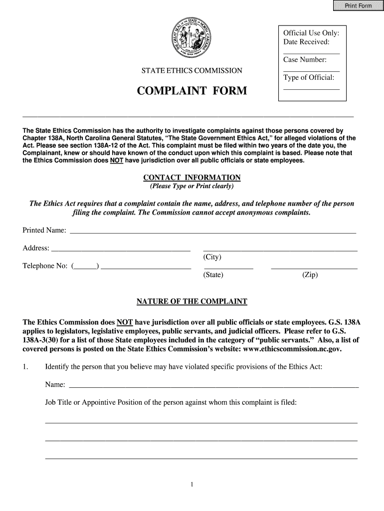 COMPLAINT FORM North Carolina State Ethics Commission NC Test Ethicscommission Nc