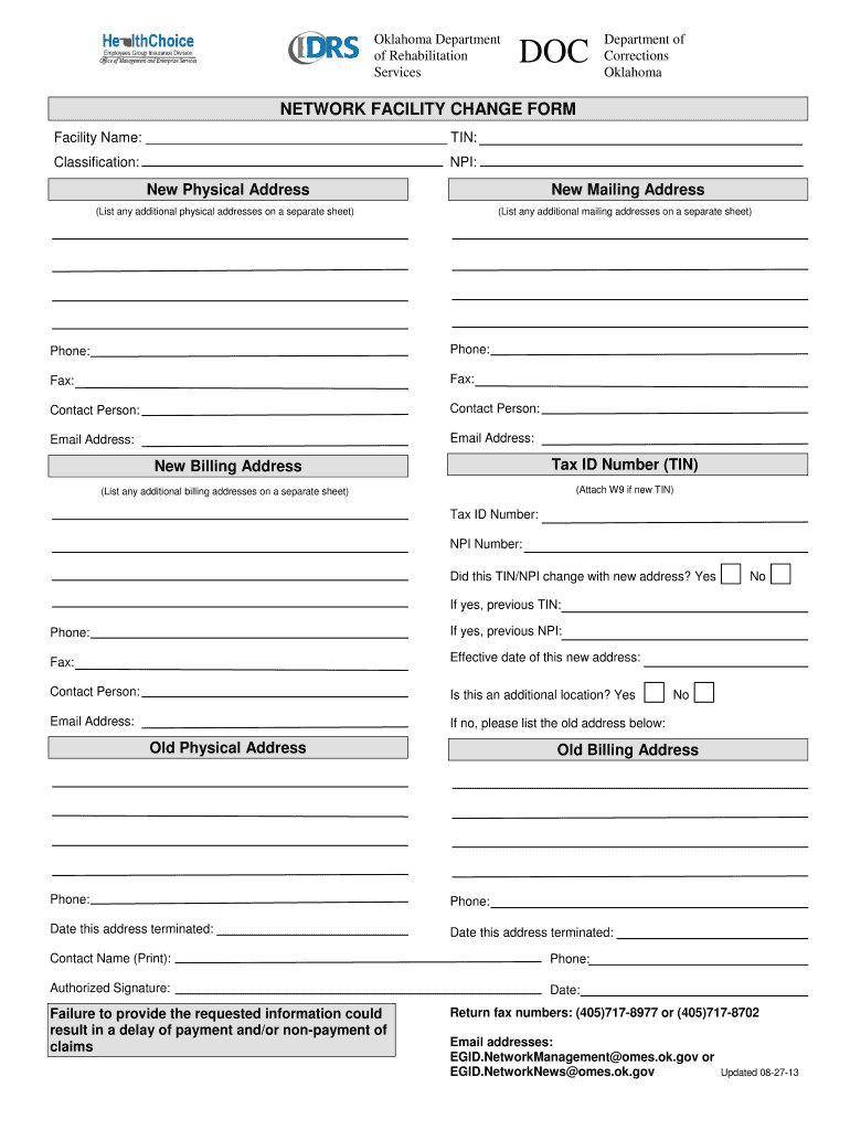 Facility Change Form OK Gov Ok