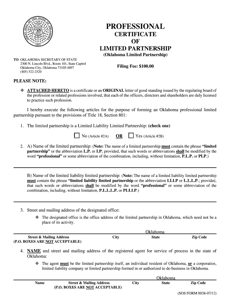 Certificate of Limited Partnership Form Oklahoma Secretary of State Sos Ok