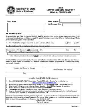 Oklahoma Secretary of State Annual Certificate  Form