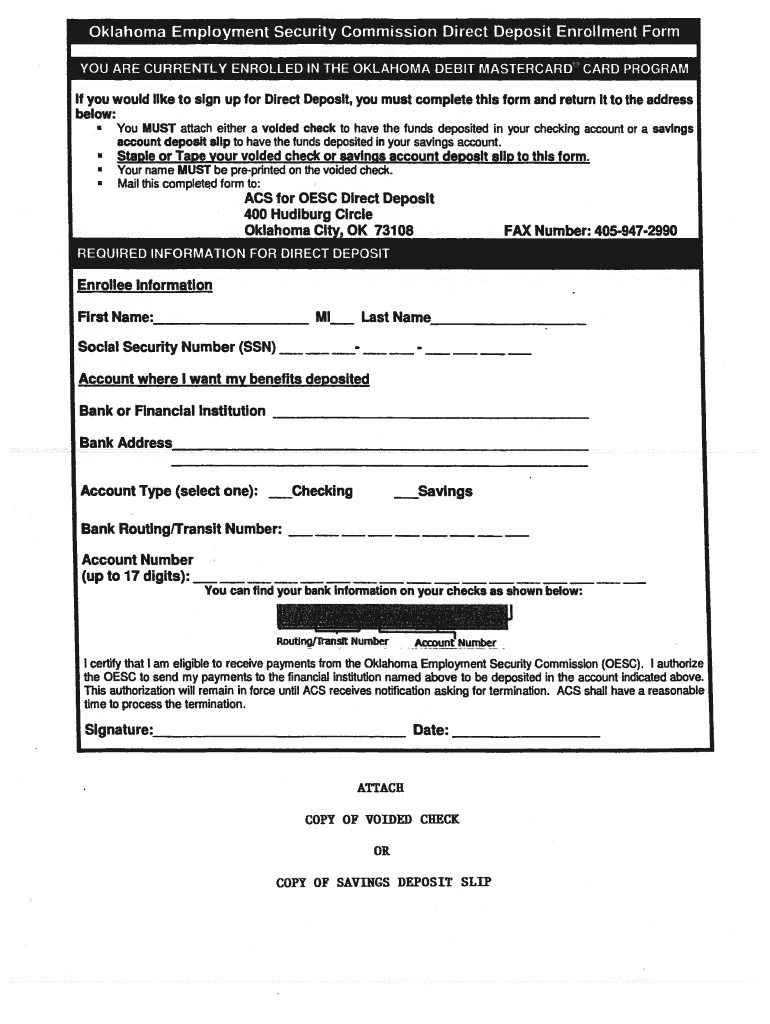 Oklahoma Unemployment Direct Deposit  Form