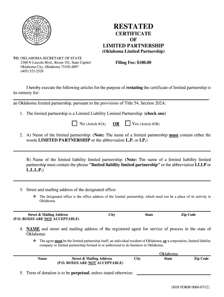 RESTATED CERTIFICATE of OKLAHOMA LIMITED PARTNERSHIP Sos Ok  Form