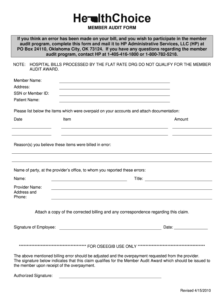 MEMBER AUDIT FORM If You Think an Error Has Been Made on Your Ok