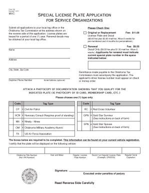 Special License Plate Application for Service Organizations Tax Ok  Form