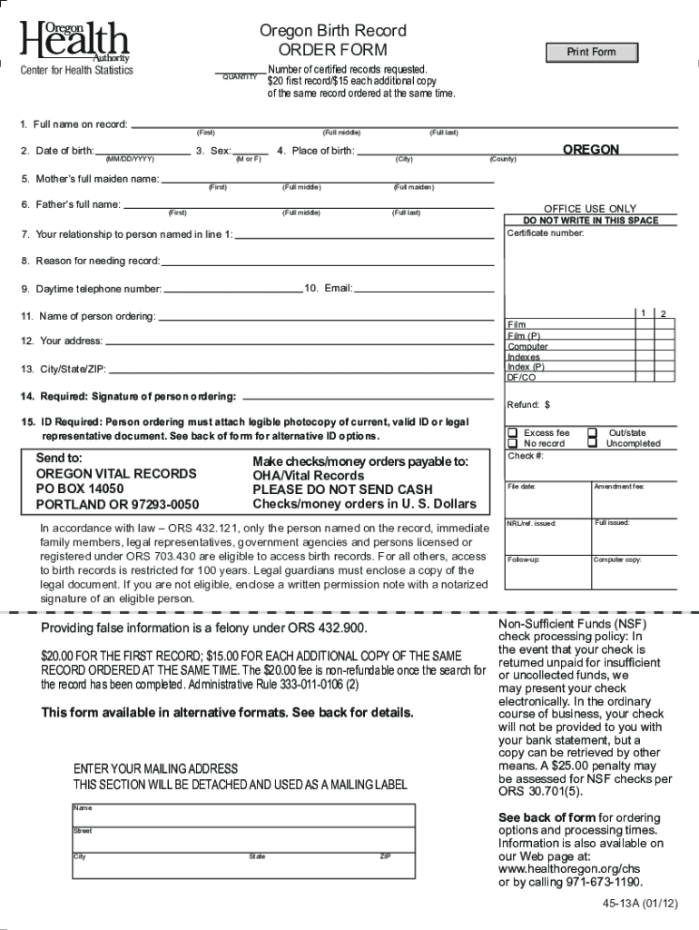 Oregon Birth Certificate Application PDF  Form