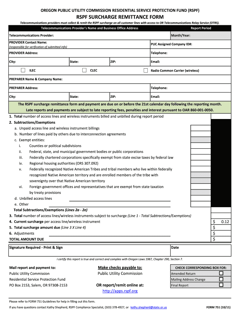  Oregon Surcharge Form 2011