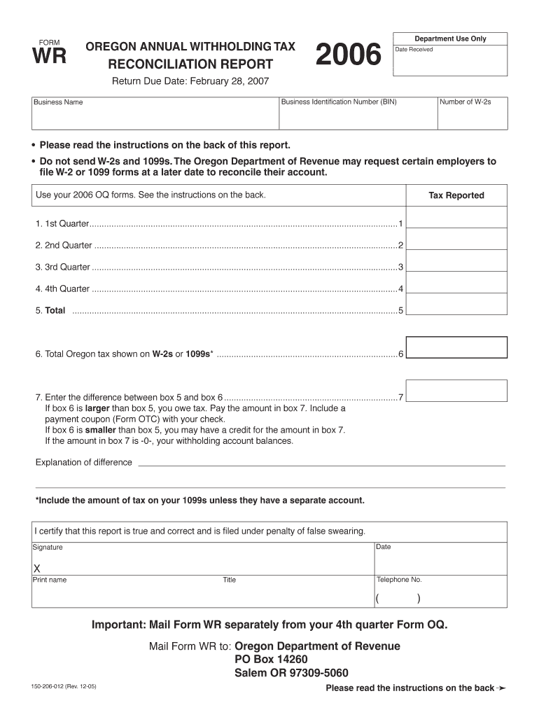 Form WR, Oregon Annual WH Tax Reconciliation Report, 150    Oregon