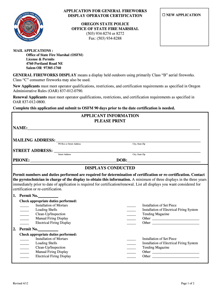 Oregon State Police Application for General Fireworks Display Operator Certification Form