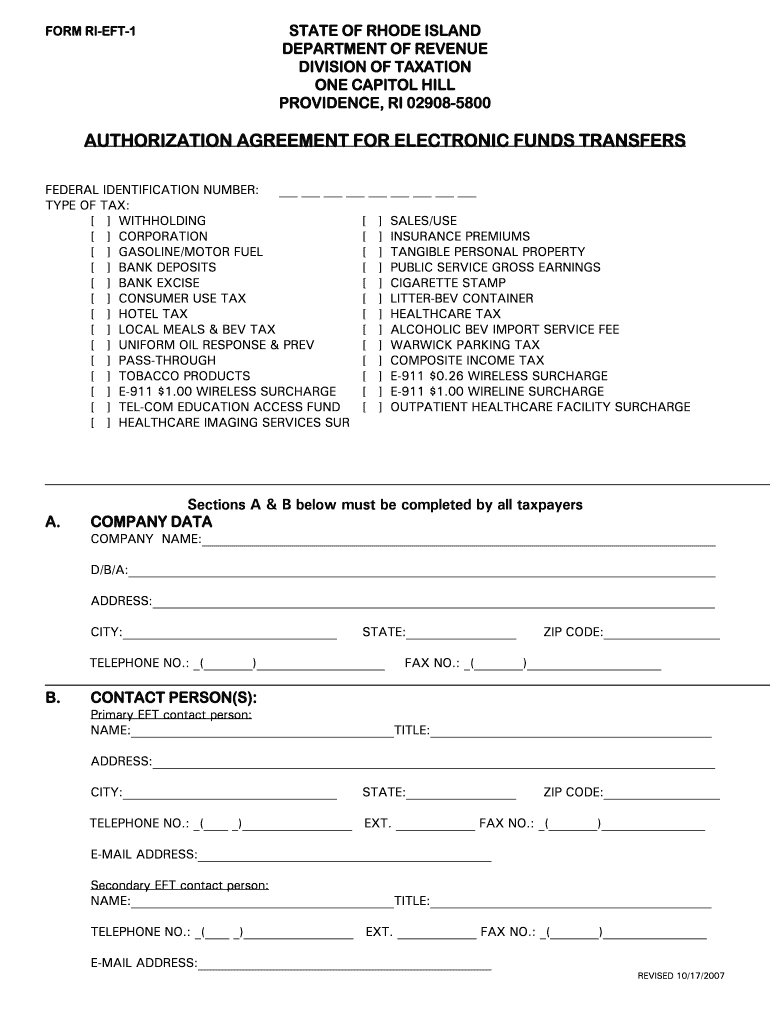 Authorization Agreement to the Ri Division of Taxation Eft Section Rhode Island Form