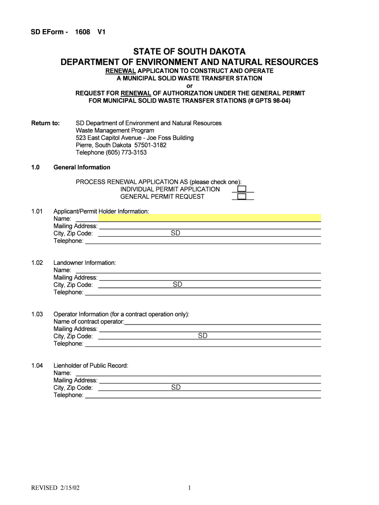 Renewal Application for Transfer Station  South Dakota Department    Denr Sd  Form