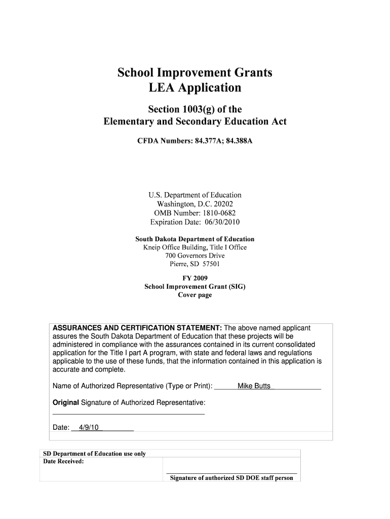 School Improvement Grants LEA Application Doe Sd  Form
