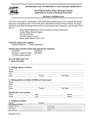 South Dakota Surface Water Discharge Program Denr Sd  Form